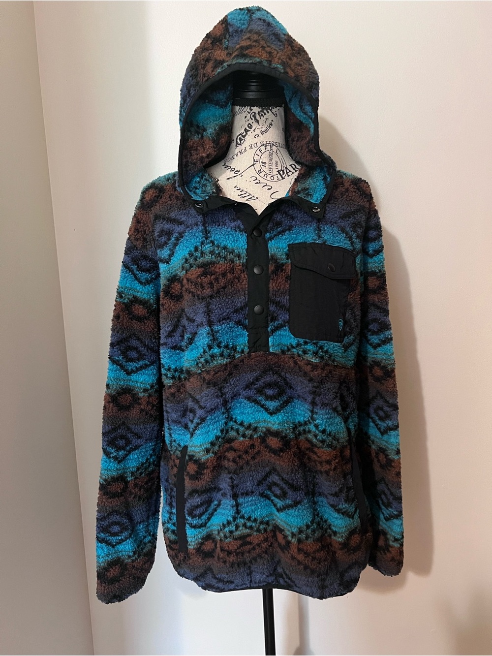 Ariat Aztec Polar Bear Fleece Hoodie Snap Pullover Blue Brown Large